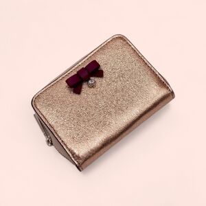 Kate Spade Wrapping Party Small Zip Cardcase, Glittering Rose Gold w Red Bow